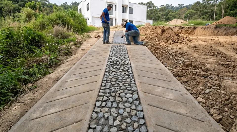 Casa blanca y urbanismo en concreto estampado