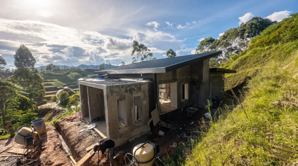 Casa en concreto a la vista sobre ladera