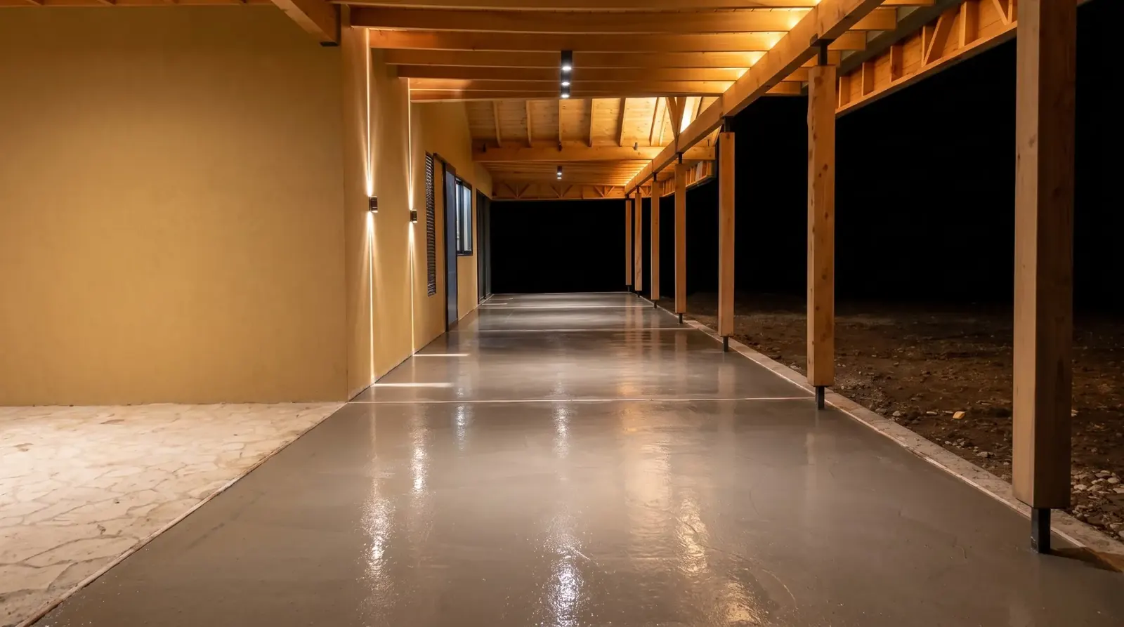 Corredor y cubierta en madera con piso pulido